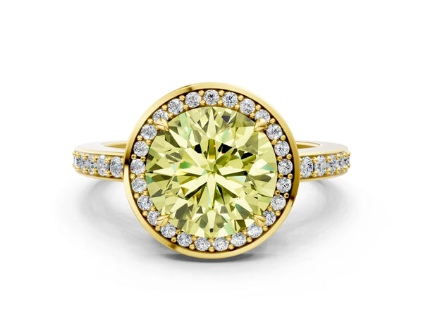 Yellow gold Fancy Yellow Round  Halo Pave Band Solitaire Ring with Prong Setting