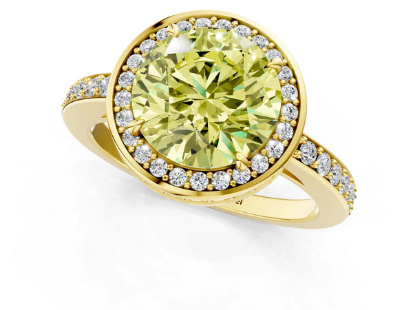 Yellow gold Fancy Yellow Round  Halo Pave Band Solitaire Ring with Prong Setting