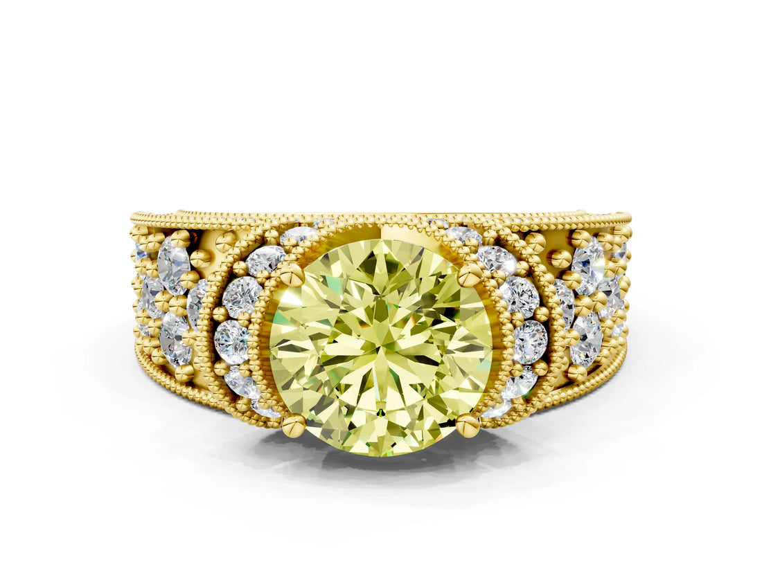 Yellow gold Fancy Yellow Round  Halo Pave Diamond Engagement Ring with Milgrain Detailing_49