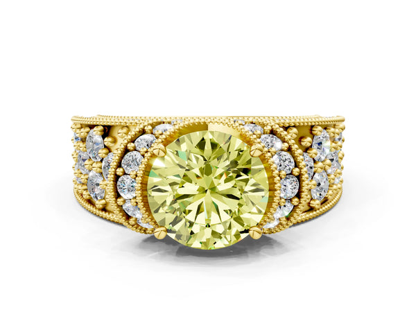 Yellow gold Fancy Yellow Round  Halo Pave Diamond Engagement Ring with Milgrain Detailing