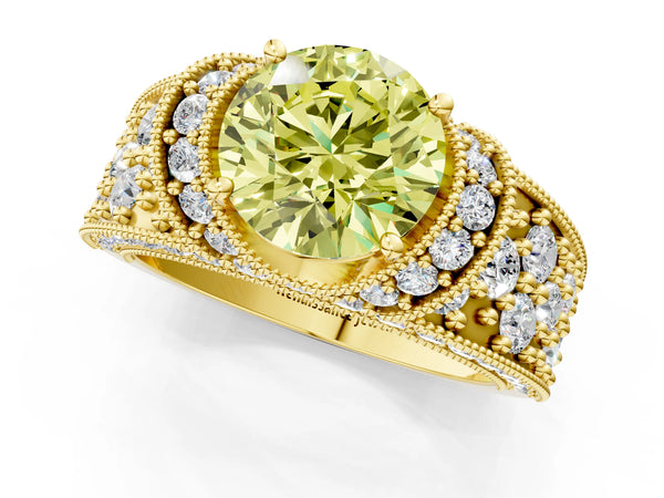 Yellow gold Fancy Yellow Round  Halo Pave Diamond Engagement Ring with Milgrain Detailing