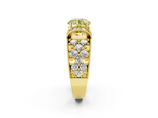 Yellow gold Fancy Yellow Round  Halo Pave Diamond Engagement Ring with Milgrain Detailing