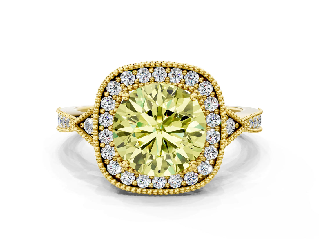 Yellow gold Fancy Yellow Round  Halo Round Diamond Milgrain Pave Engagement Ring_3