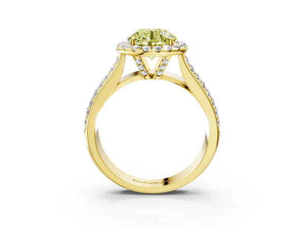 Yellow gold Fancy Yellow Round  Halo Round Diamond Pave Band with Prong Setting