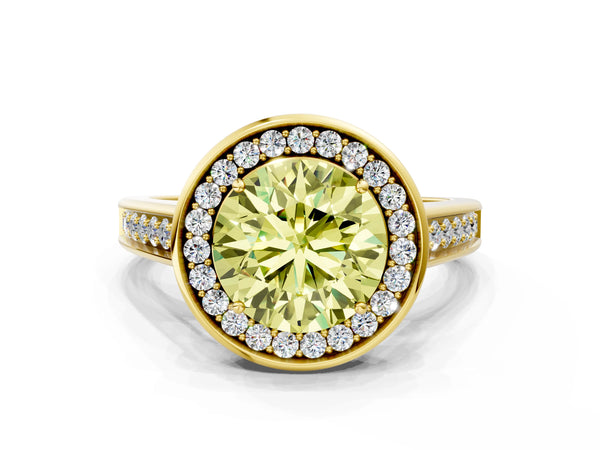 Yellow gold Fancy Yellow Round  Halo Solitaire Diamond Ring with Pave Band and Bezel Setting