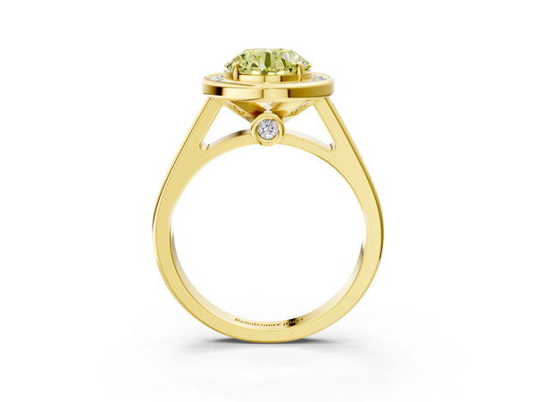 Yellow gold Fancy Yellow Round  Halo Solitaire Diamond Ring with Pave Band and Bezel Setting