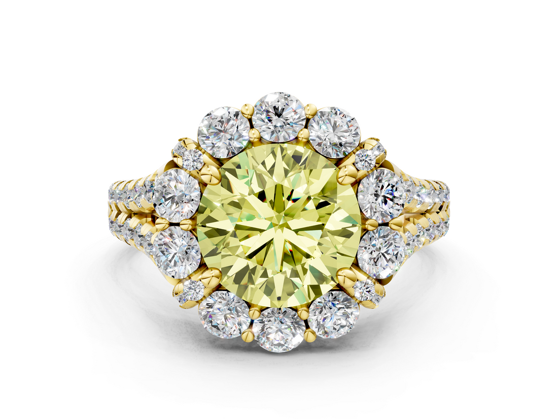 Yellow gold Fancy Yellow Round  Halo Split Shank Diamond Engagement Ring with Pave Band and Four-Prong Setting