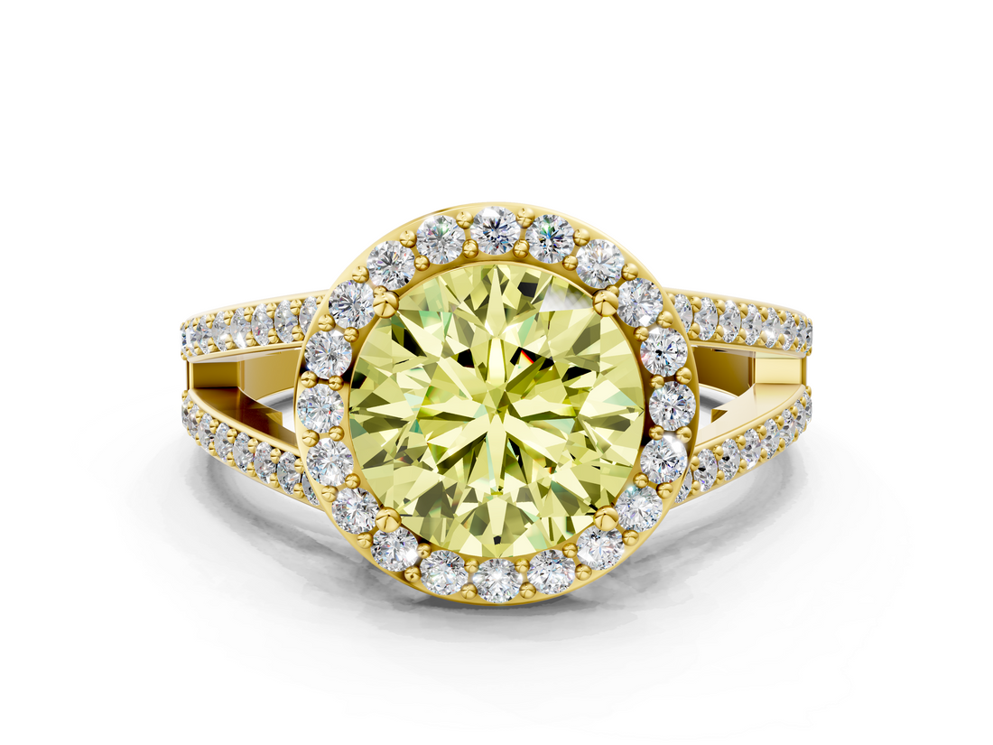 Yellow gold Fancy Yellow Round  Halo Split Shank Diamond Ring with Four-Prong Setting