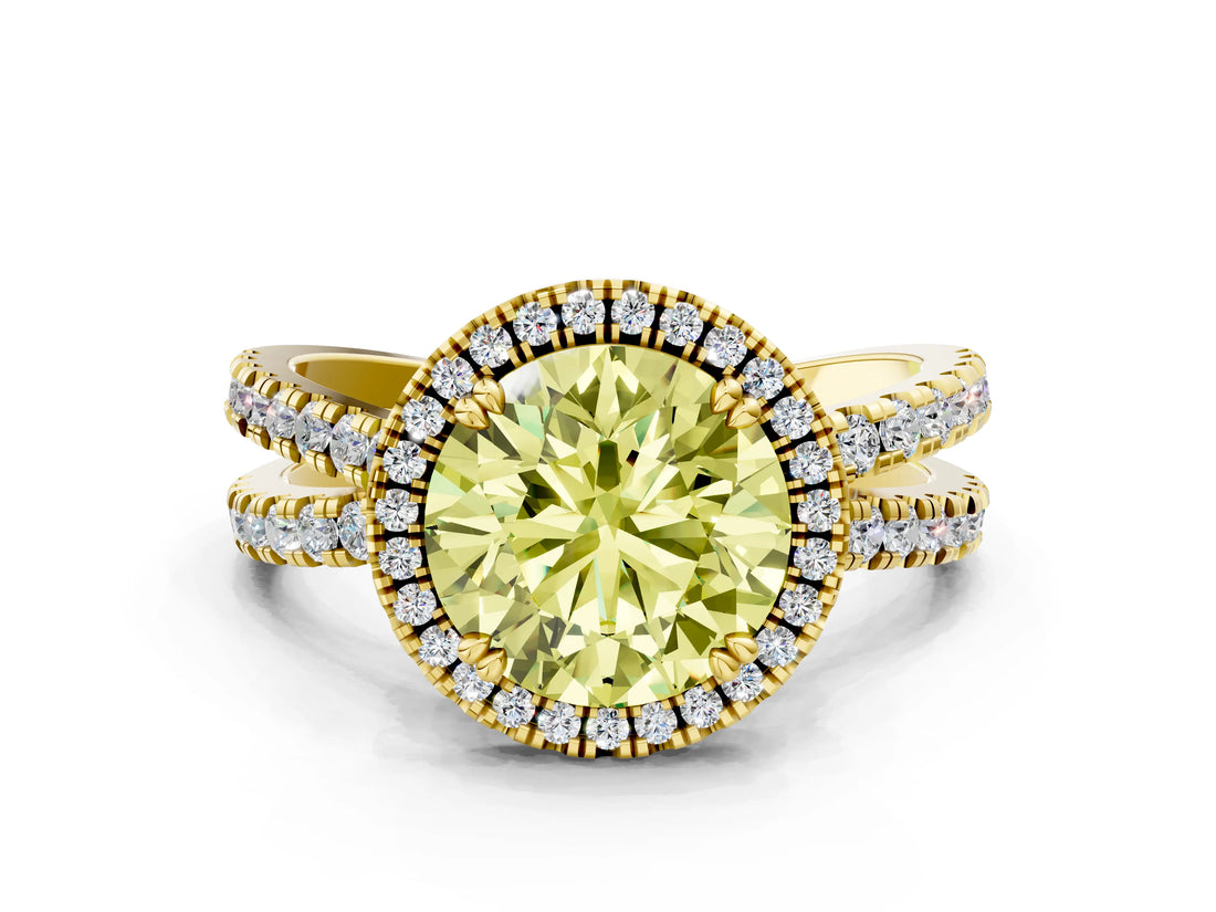 Yellow gold Fancy Yellow Round  Halo Split Shank Diamond Ring with Pavé Setting