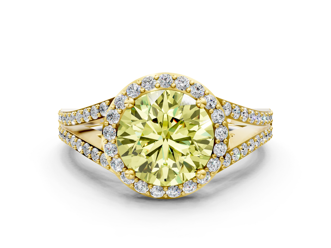 Yellow gold Fancy Yellow Round  Halo Split Shank Diamond Ring with Prong Setting