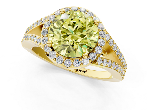 Yellow gold Fancy Yellow Round  Halo Split Shank Diamond Ring with Prong Setting
