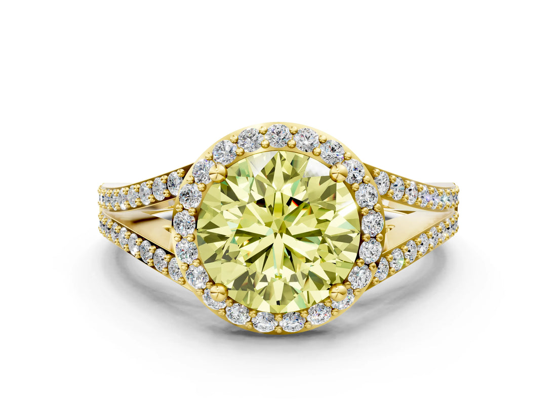 Yellow gold Fancy Yellow Round  Halo Split Shank Pave Diamond Ring with Four-Prong Setting_29
