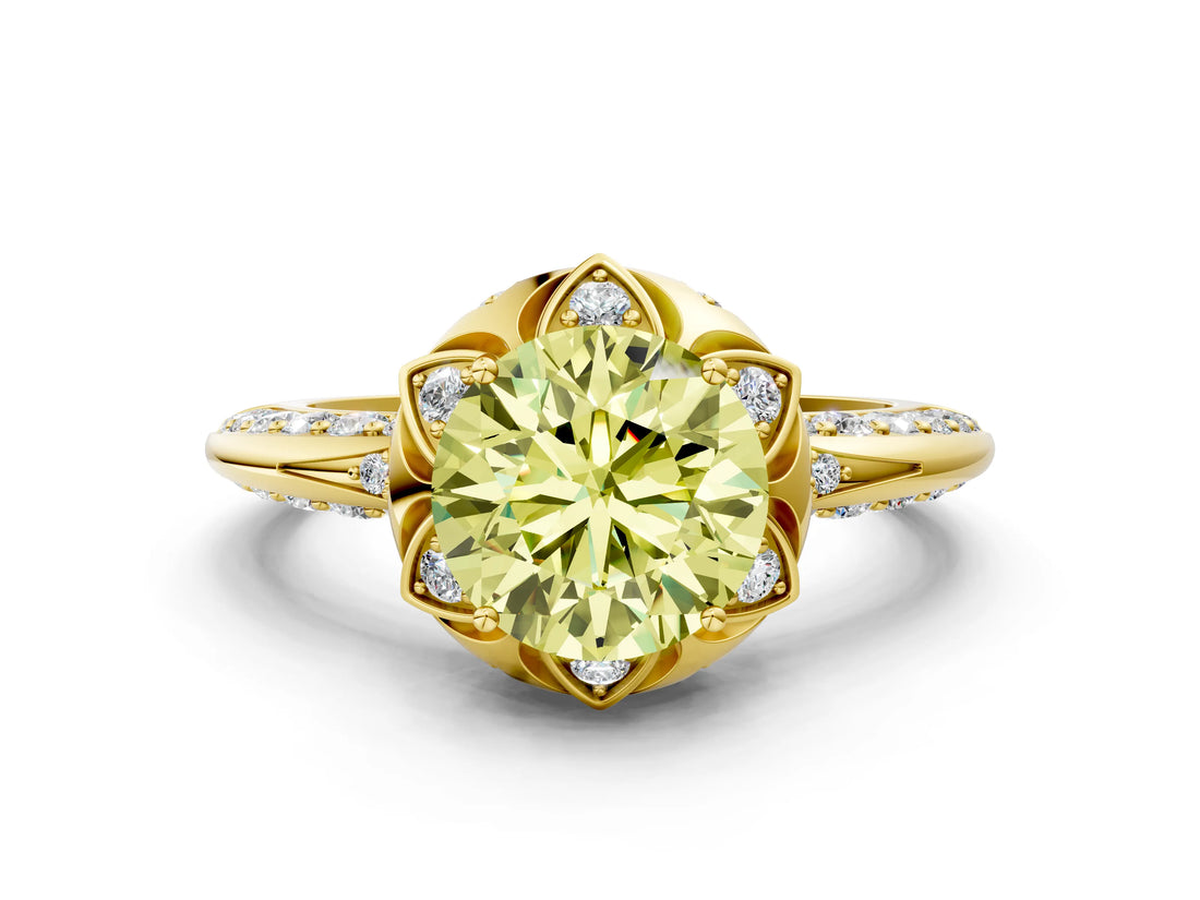 Yellow gold Fancy Yellow Round  Halo Split Shank Pave Diamond Ring with Petal Prong Setting_23