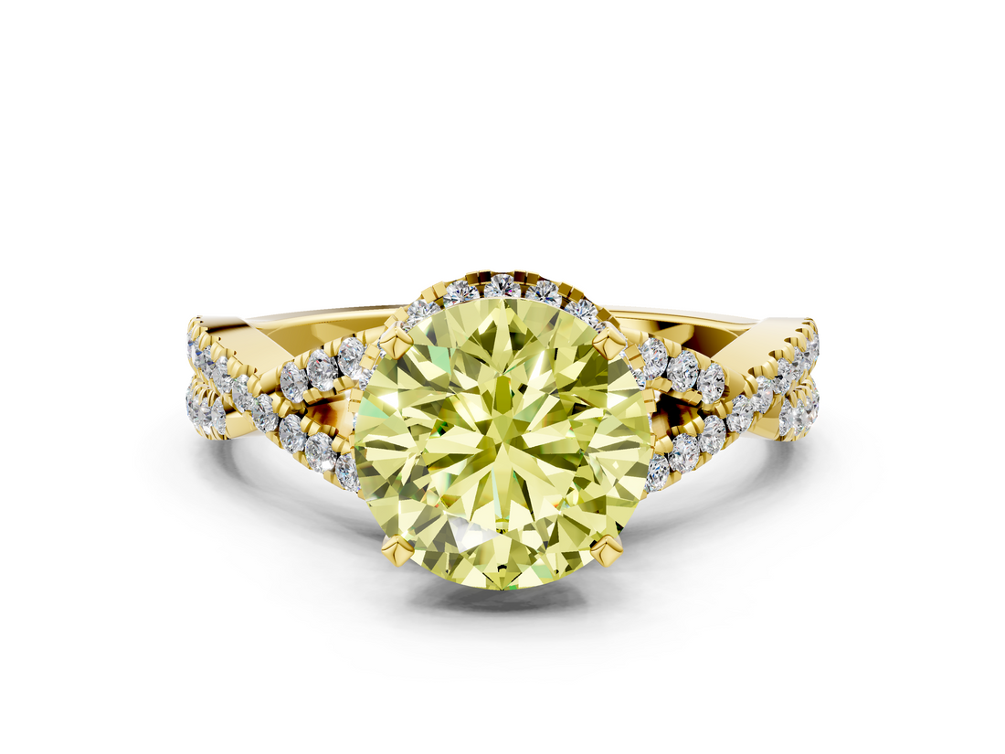 Yellow gold Fancy Yellow Round  Halo Twist Band Solitaire Prong Setting Ring