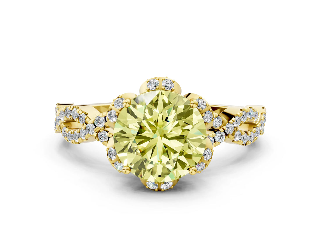 Yellow gold Fancy Yellow Round  Halo Twist Band Solitaire Ring with Six-Prong Setting_3