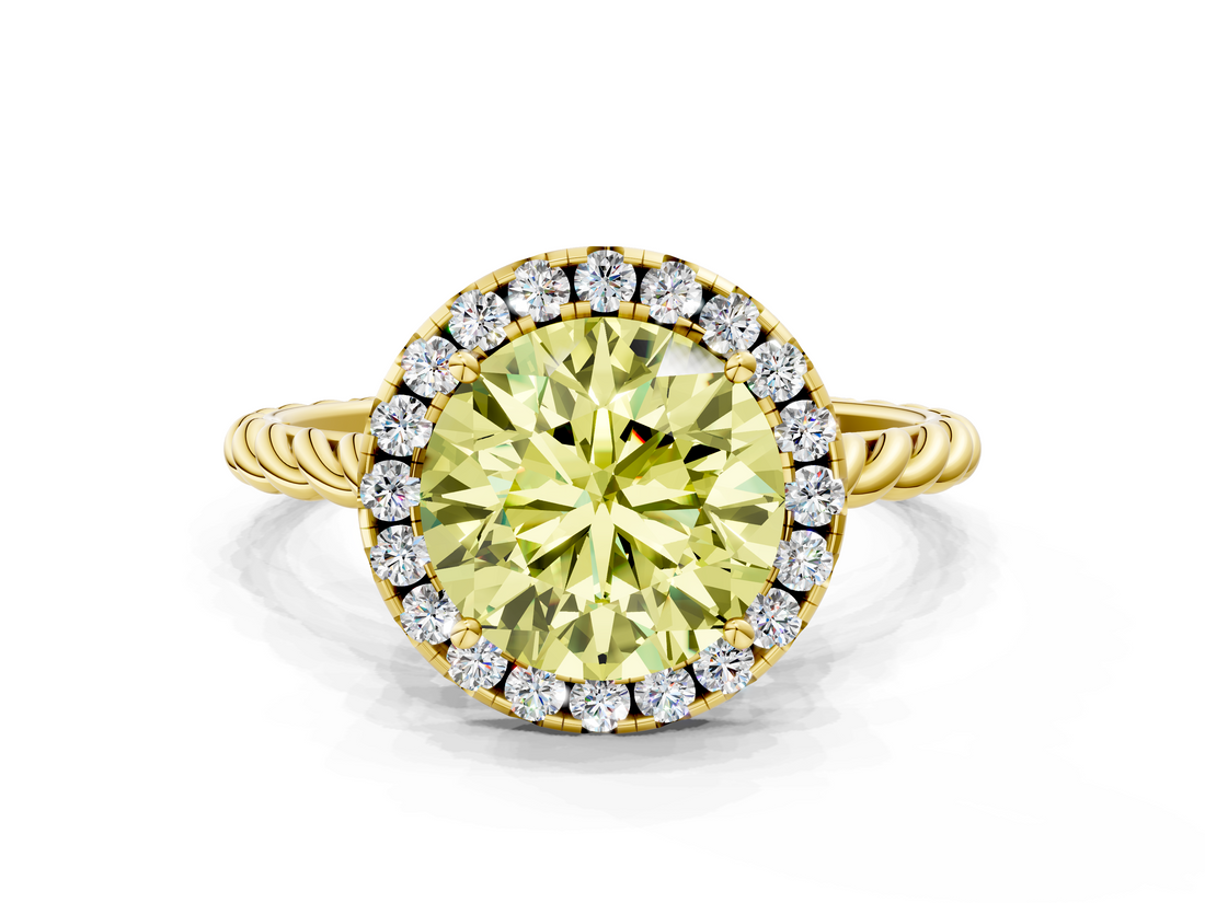 Yellow gold Fancy Yellow Round  Halo Twisted Band Four-Prong Diamond Ring