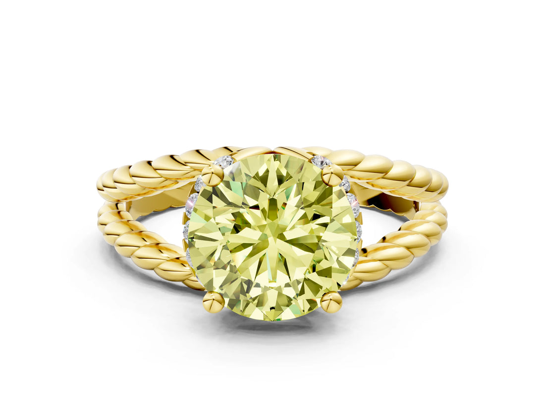 Yellow gold Fancy Yellow Round  Halo Twisted Band Four-Prong Ring_32