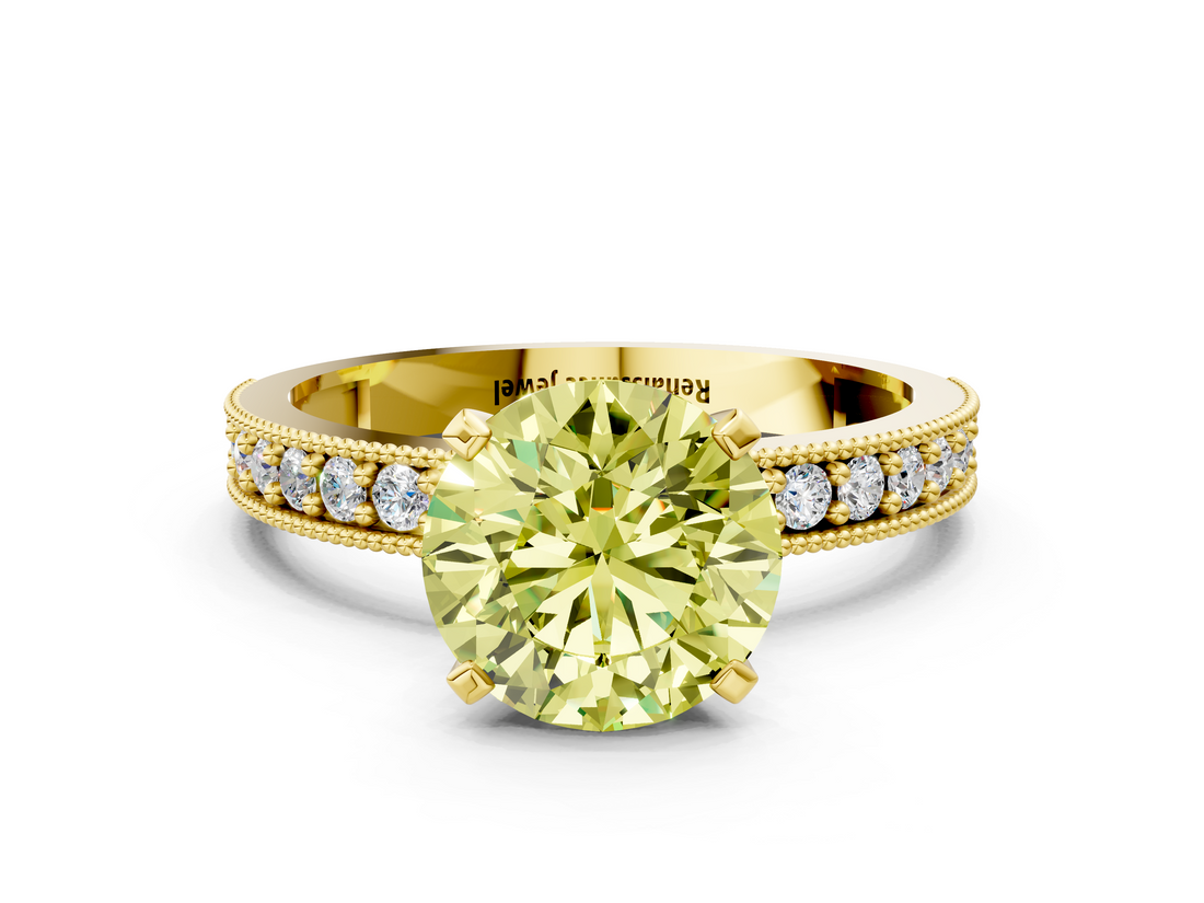 Yellow gold Fancy Yellow Round  Milgrain Pave Diamond Engagement Ring with Four-Prong Setting