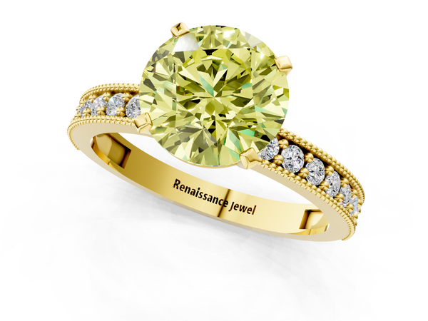 Yellow gold Fancy Yellow Round Cut Diamond Milgrain Pavé Engagement Ring with Four-Prong Setting