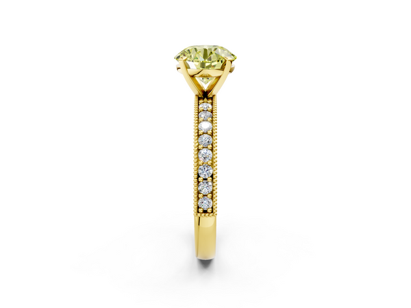 Yellow gold Fancy Yellow Round Cut Diamond Milgrain Pavé Engagement Ring with Four-Prong Setting