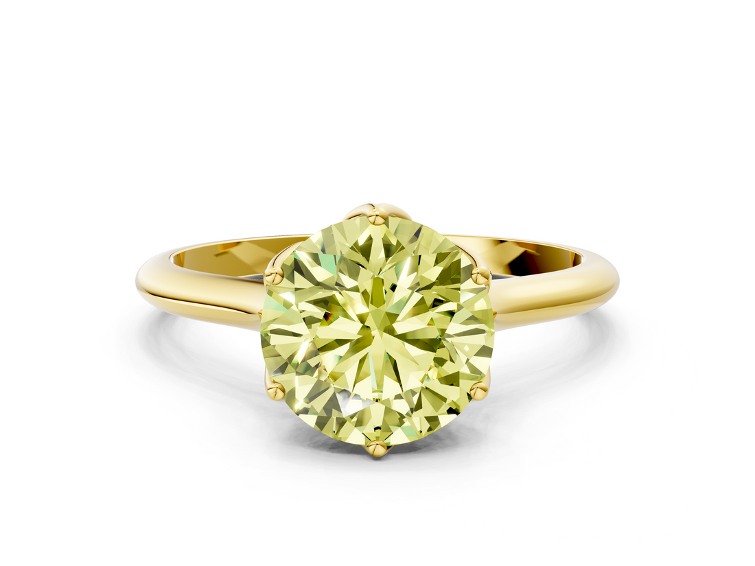 Yellow gold Fancy Yellow Round  Solitaire Cathedral Diamond Ring with Six-Prong Setting