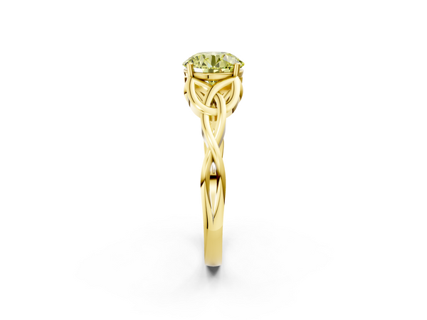 Yellow gold Fancy Yellow Round Cut Diamond Solitaire Engagement Ring with Celtic Knot Band and Four-Prong Setting