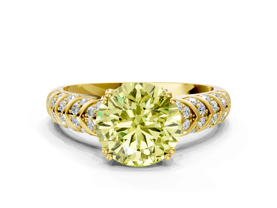 Yellow gold Fancy Yellow Round  Solitaire Chevron Pave Diamond Engagement Ring with Six-Prong Setting