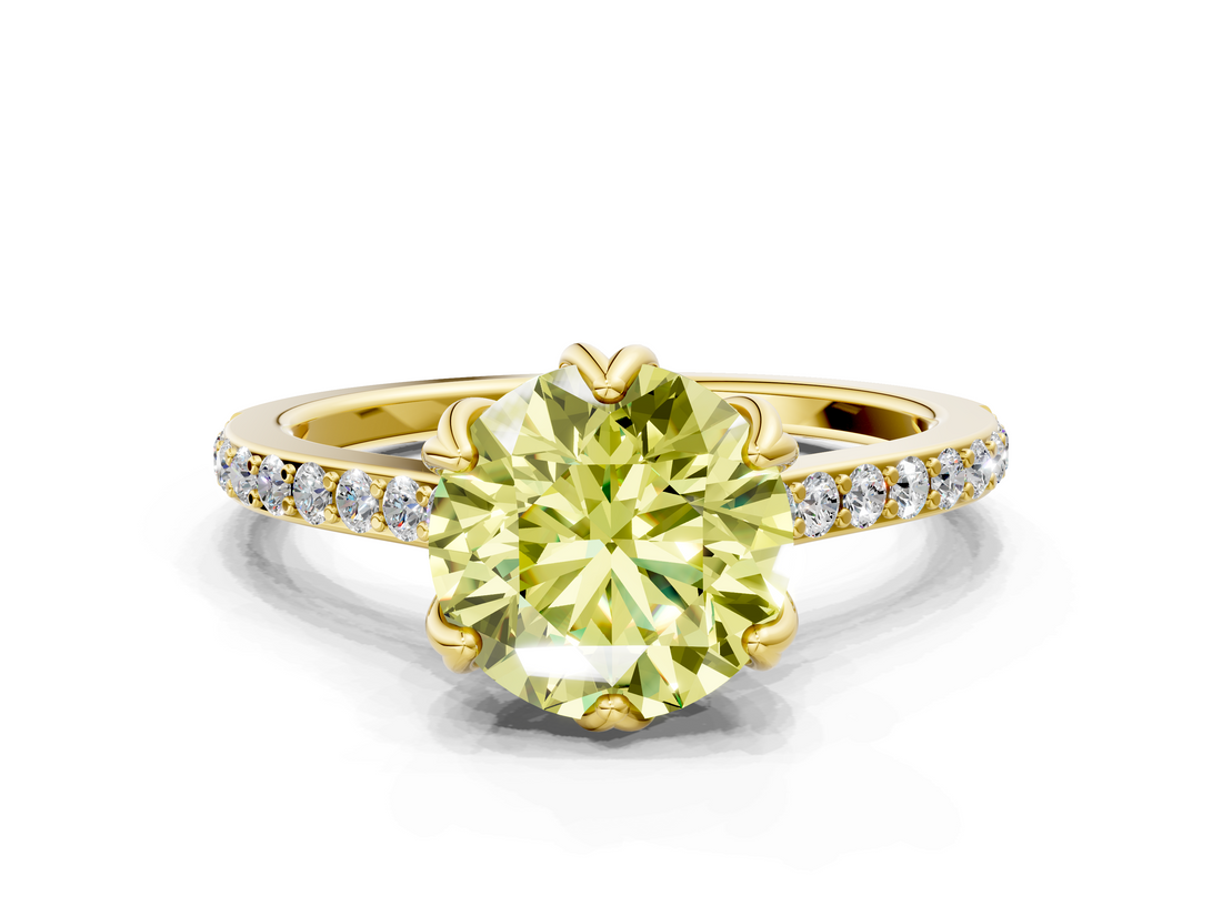 Yellow gold Fancy Yellow Round  Solitaire Diamond Engagement Ring with Pave Band and Six-Prong Setting