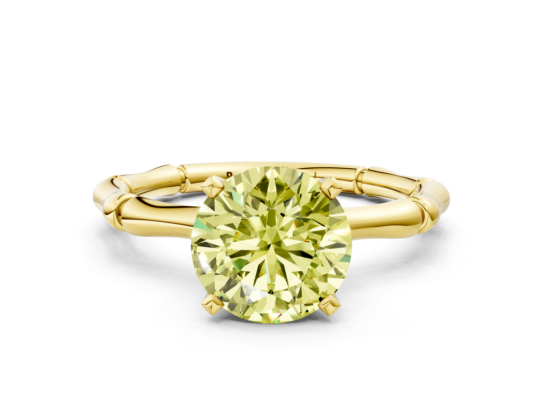 Yellow gold Fancy Yellow Round  Solitaire Diamond Ring with Bamboo Band and Four-Prong Setting