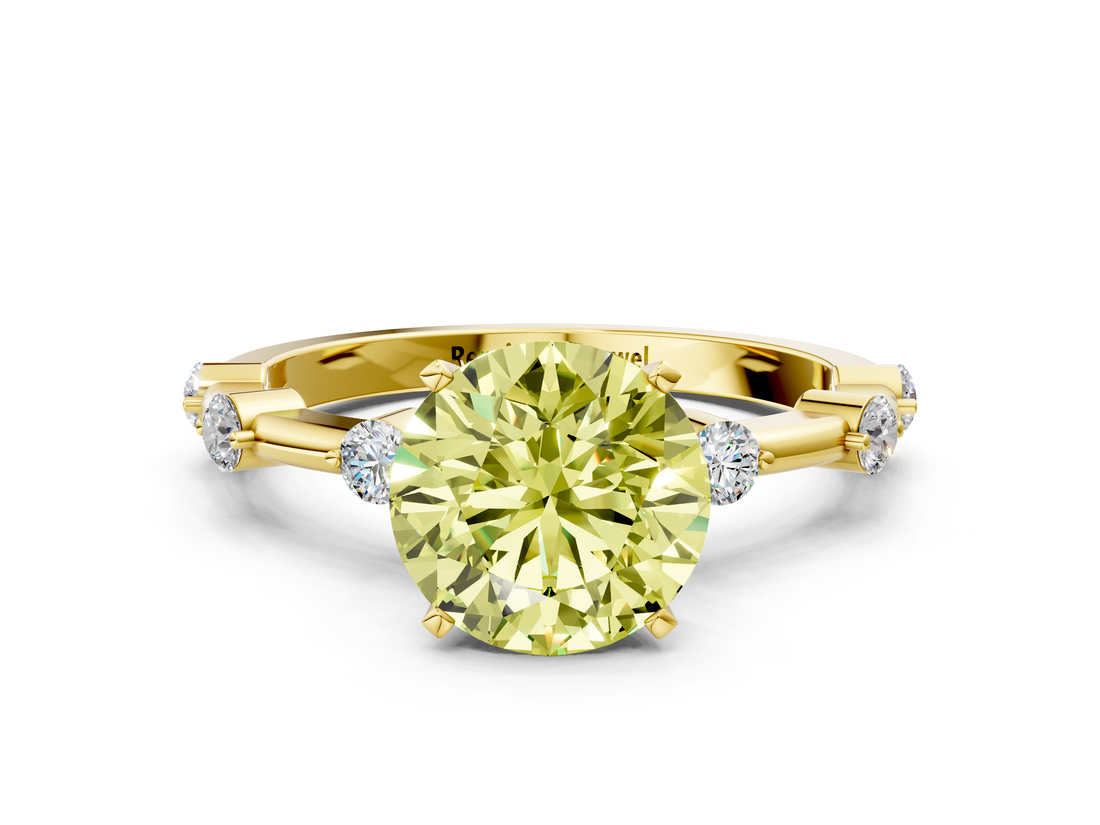 Yellow gold Fancy Yellow Round  Solitaire Diamond Ring with Bezel Set Side Stones and Prong Setting