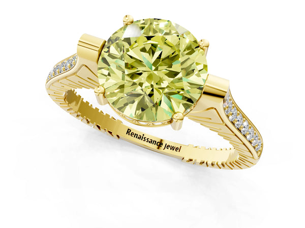 Yellow gold Fancy Yellow Round  Solitaire Diamond Ring with Channel Set Band and Bezel Prong Setting