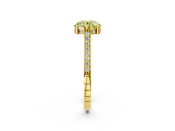 Yellow gold Fancy Yellow Round  Solitaire Diamond Ring with Channel Set Band and Bezel Prong Setting