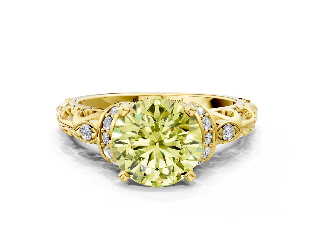 Yellow gold Fancy Yellow Round  Solitaire Diamond Ring with Filigree Band and Four-Prong Setting