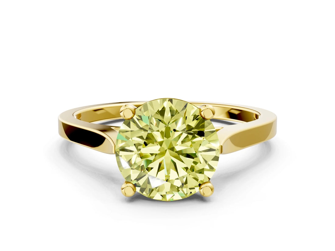 Yellow gold Fancy Yellow Round  Solitaire Diamond Ring with Four-Prong Setting and Tapered Band