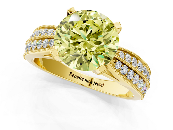 Yellow gold Fancy Yellow Round  Solitaire Diamond Ring with Milgrain Pavé Band and Four-Prong Setting