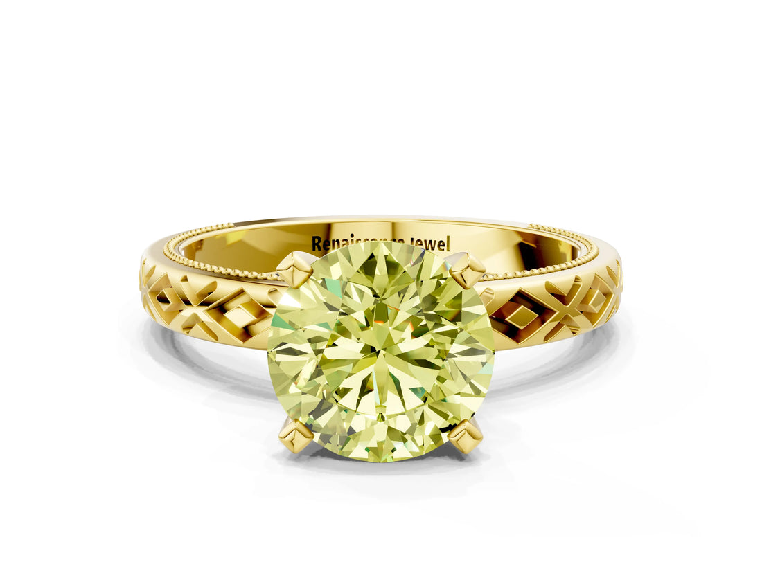Yellow gold Fancy Yellow Round  Solitaire Diamond Ring with Milgrain and Black Enamel X Pattern Band_30