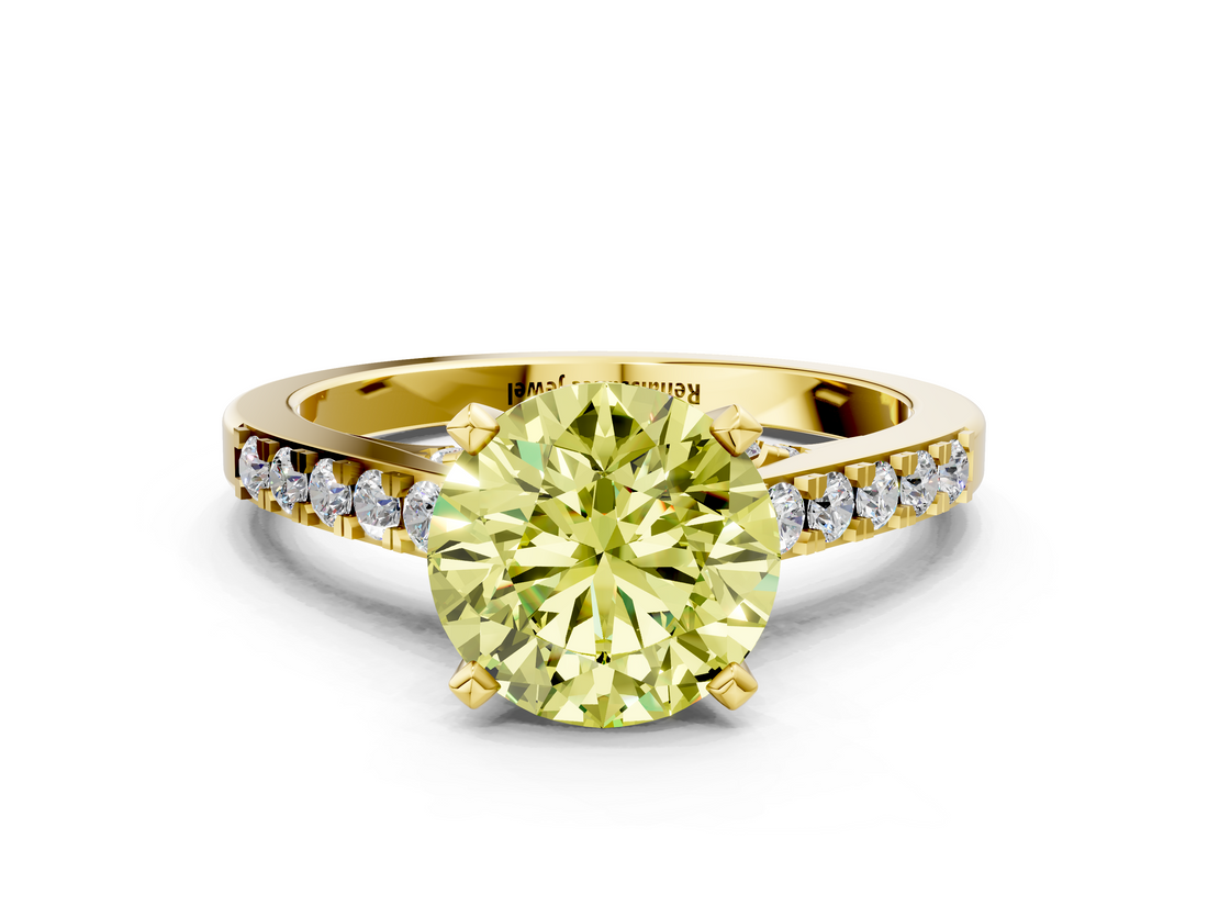 Yellow gold Fancy Yellow Round  Solitaire Diamond Ring with Pavé Band and Four-Prong Setting