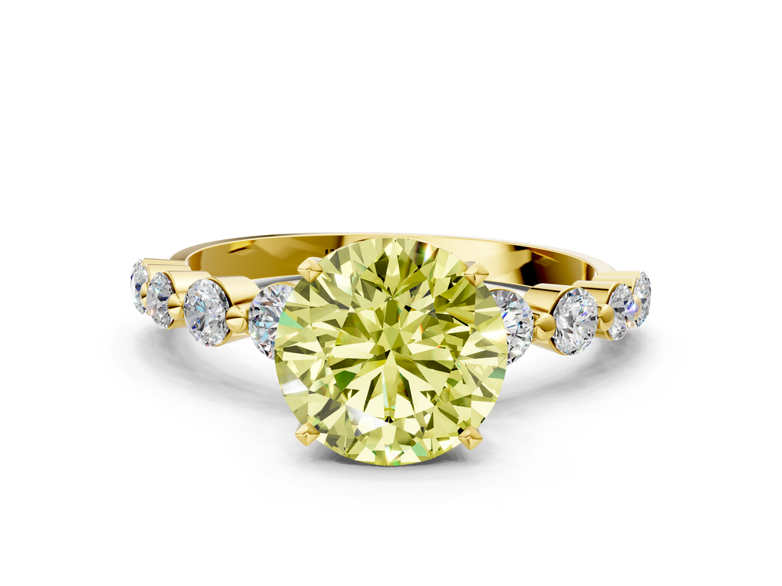 Yellow gold Fancy Yellow Round  Solitaire Diamond Ring with Pave Band and Four-Prong Setting
