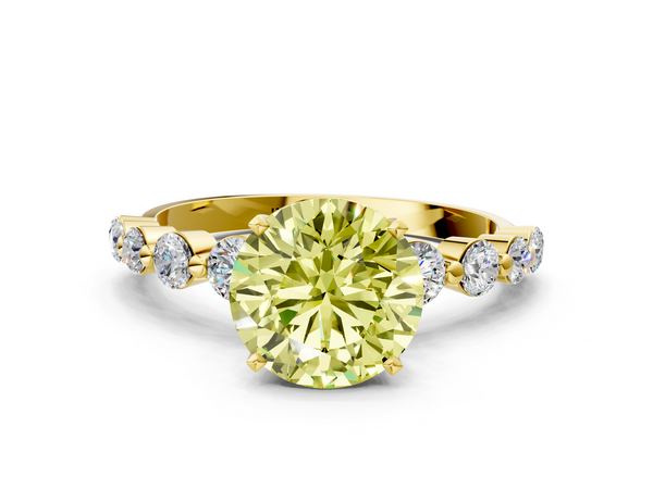 Yellow gold Fancy Yellow Round Cut Solitaire Diamond Ring with Pave Band and Four-Prong Setting