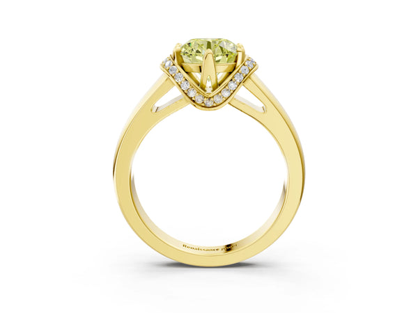 Yellow gold Fancy Yellow Round  Solitaire Diamond Ring with Pave Band and Six-Prong Setting