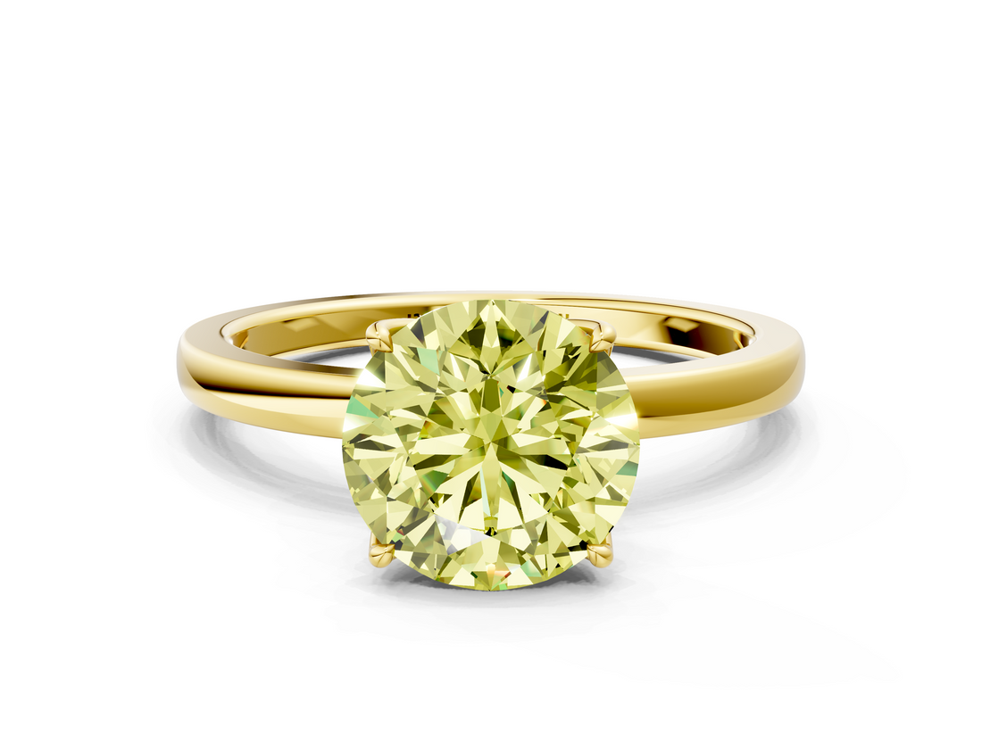 Yellow gold Fancy Yellow Round  Solitaire Diamond Ring with Thin Band and Four-Prong Setting
