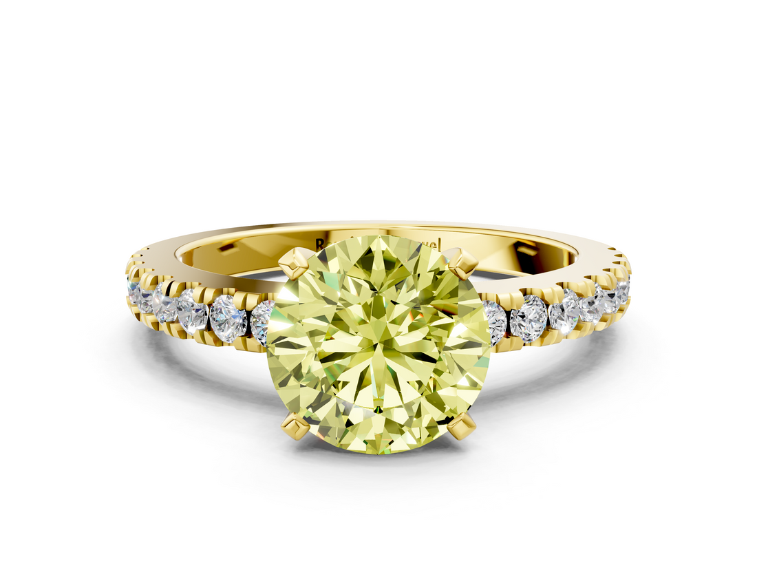 Yellow gold Fancy Yellow Round  Solitaire Diamond with Pavé Band and Four-Prong Setting