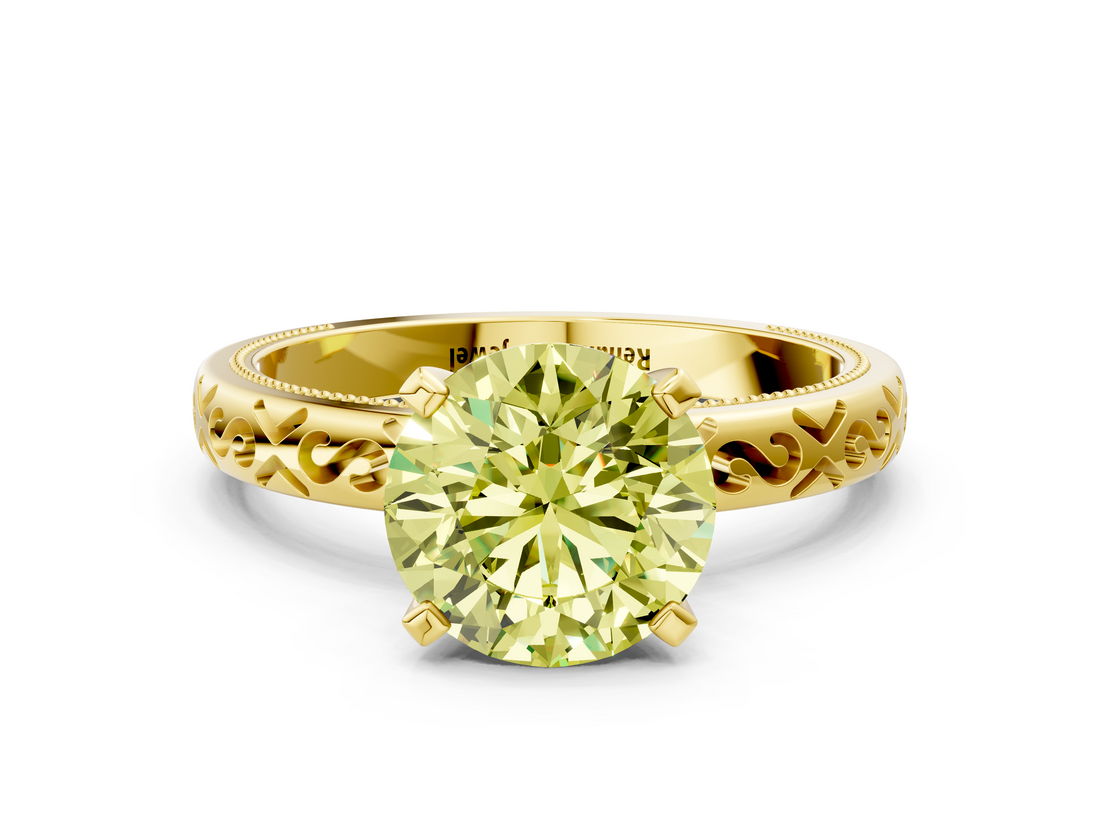 Yellow gold Fancy Yellow Round  Solitaire Engagement Ring with Scrollwork Band and Four-Prong Setting