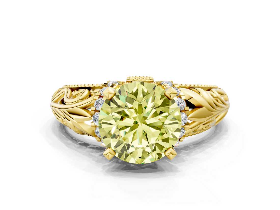 Yellow gold Fancy Yellow Round  Solitaire Filigree Engagement Ring with Halo and Prong Setting