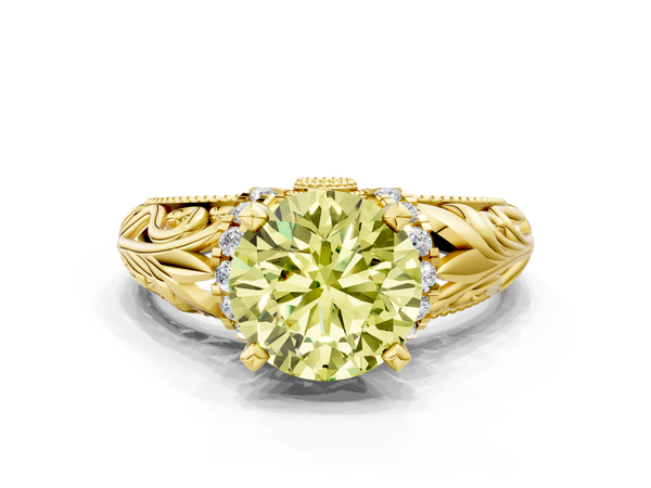 Yellow gold Fancy Yellow Round  Solitaire Filigree Engagement Ring with Halo and Prong Setting