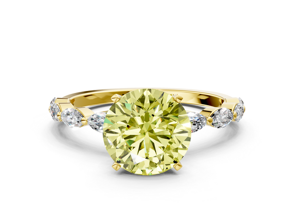 Yellow gold Fancy Yellow Round Cut Diamond Ring with Marquise Side Stones and Prong Setting