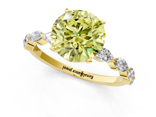 Yellow gold Fancy Yellow Round Cut Diamond Ring with Marquise Side Stones and Prong Setting