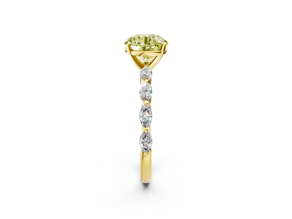 Yellow gold Fancy Yellow Round Cut Diamond Ring with Marquise Side Stones and Prong Setting