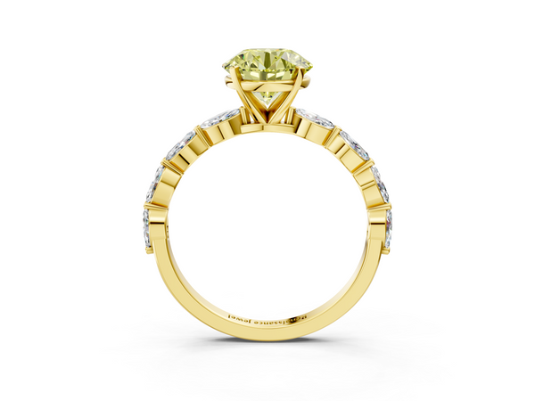 Yellow gold Fancy Yellow Round Cut Diamond Ring with Marquise Side Stones and Prong Setting