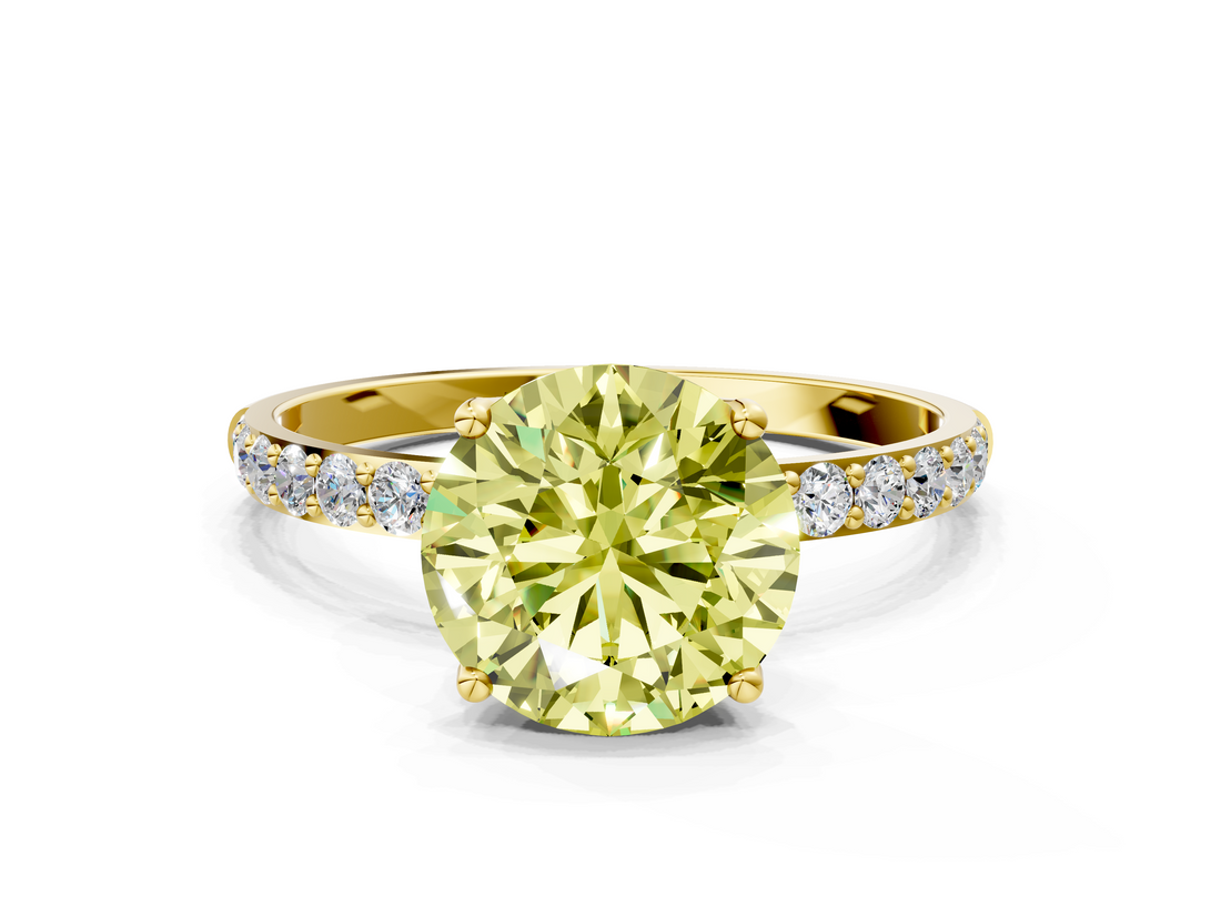 Yellow gold Fancy Yellow Round  Solitaire Pavé Diamond Engagement Ring with Four-Prong Setting